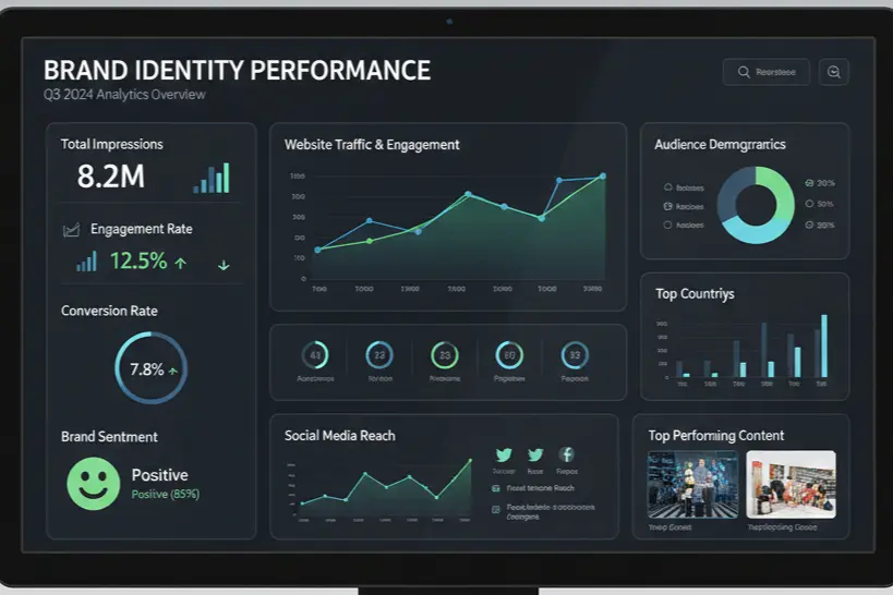 Brand identity success metrics dashboard showing engagement and conversion data