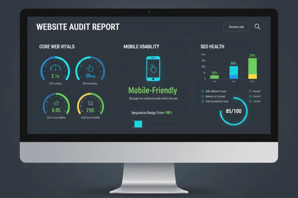 SEO friendly website development audit showing Core Web Vitals performance and search optimization metrics
