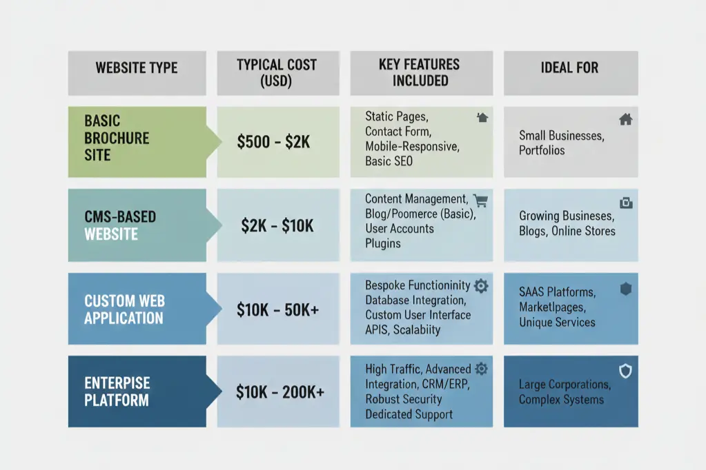Website development cost breakdown by project type showing investment ranges for small business websites
