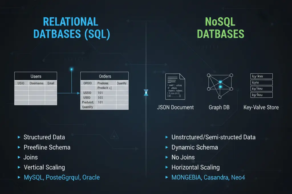 Backend database options including MySQL PostgreSQL and MongoDB