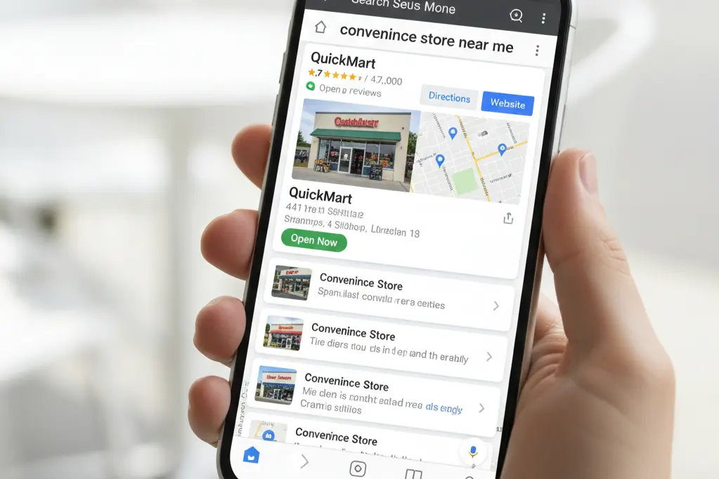 Local SEO optimization showing convenience store in Google Maps search results