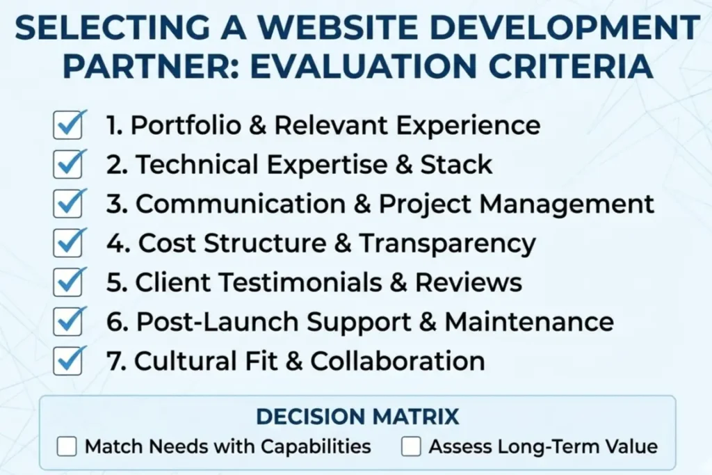 Website development agency selection checklist showing key evaluation criteria for businesses