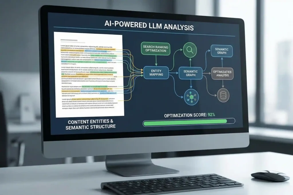 AI-powered LLM analyzing content entities and semantic structure for search ranking optimization