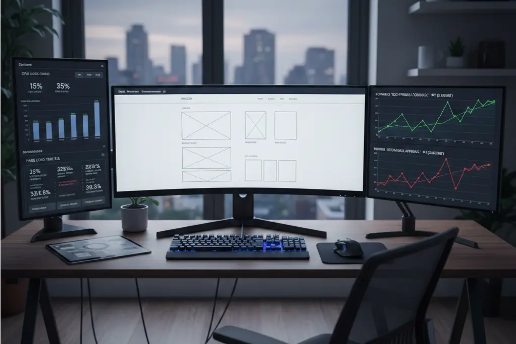 SEO-friendly website development workspace showing optimization metrics and search rankings