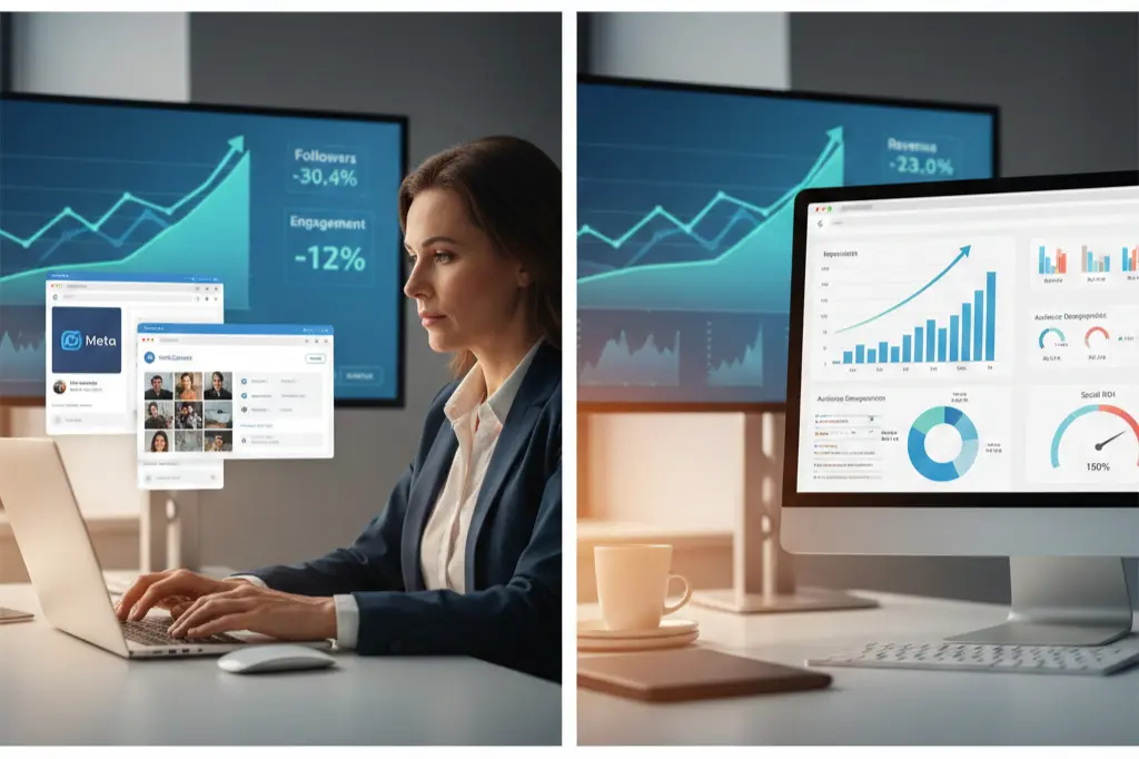 Business professional analyzing social media marketing impact and growth metrics across digital platforms