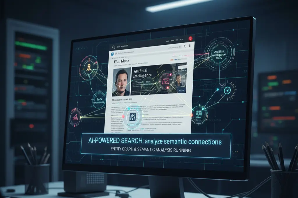 LLM SEO audit visualization showing AI analyzing website entities and semantic structure