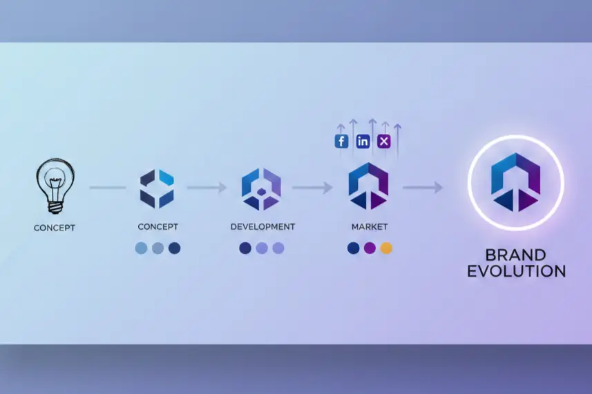 Brand strategy evolution showing brand development from concept to digital market presence with visual identity elements.