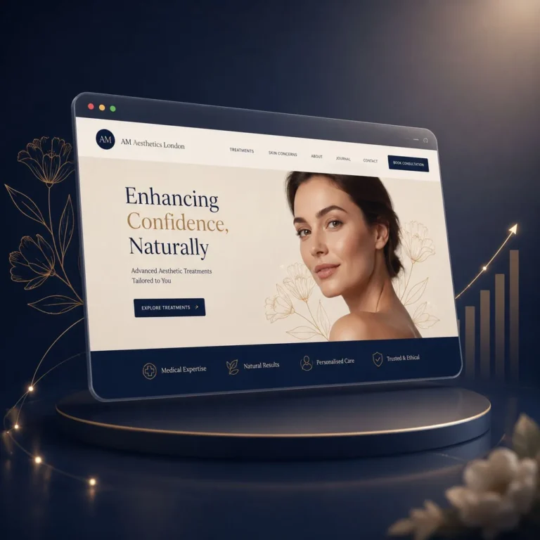 AM Aesthetics London website shown on a laptop screen
