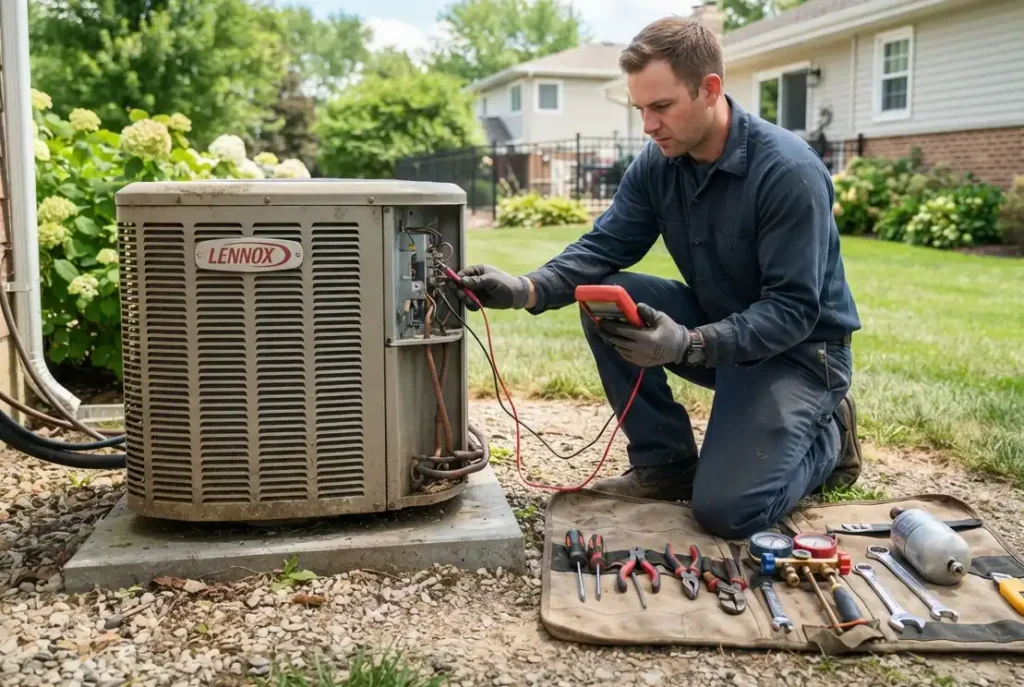 HVAC technician repairing residential air conditioning unit outdoors with tools