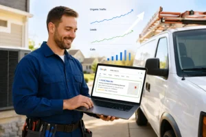 HVAC contractor reviewing affordable SEO packages on laptop to rank higher on Google in 2026