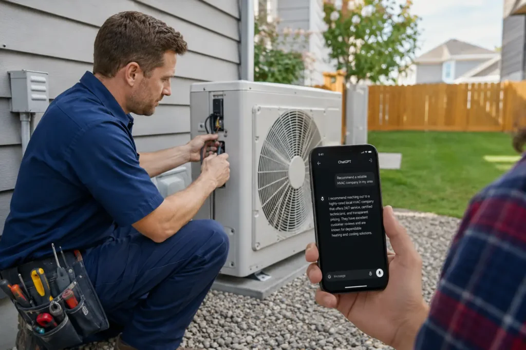 HVAC technician in uniform checking outdoor AC unit while homeowner views ChatGPT recommendation on smartphone
