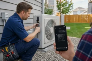HVAC technician in uniform checking outdoor AC unit while homeowner views ChatGPT recommendation on smartphone
