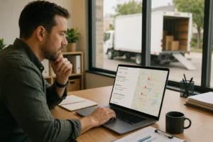 Moving company owner reviewing best SEO company rankings on laptop in 2026