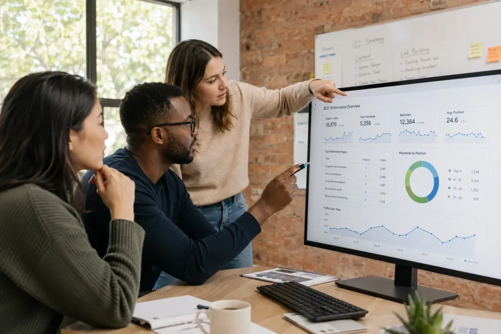Marketing team reviewing best SEO tools dashboard in 2026