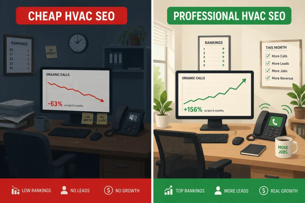 Cheap HVAC SEO versus professional HVAC SEO outcomes comparison side by side