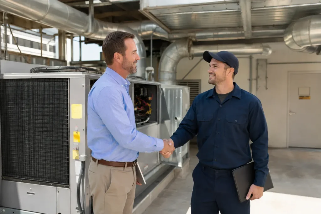 commercial property manager with HVAC contractor after a maintenance service visit. hvac review generation