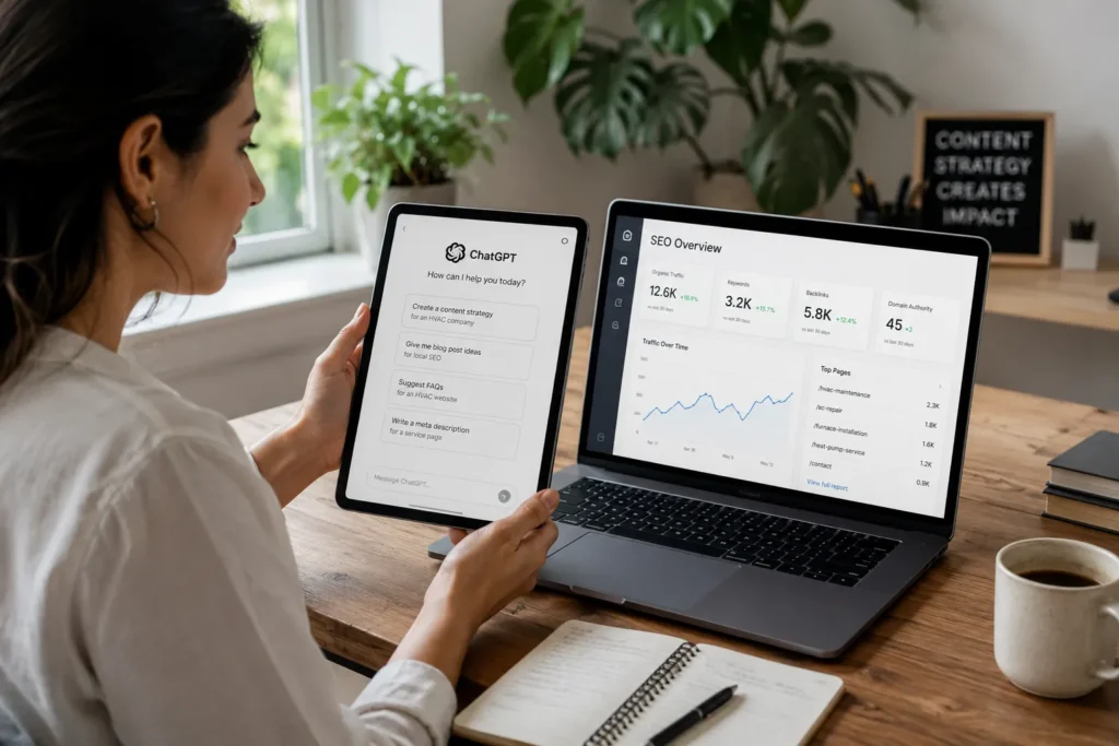 Content strategist comparing AI SEO tools and ChatGPT visibility results