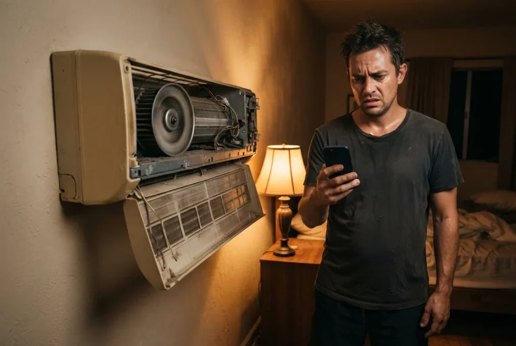 Stressed homeowner calling hvac company on phone at night during AC breakdown emergency
