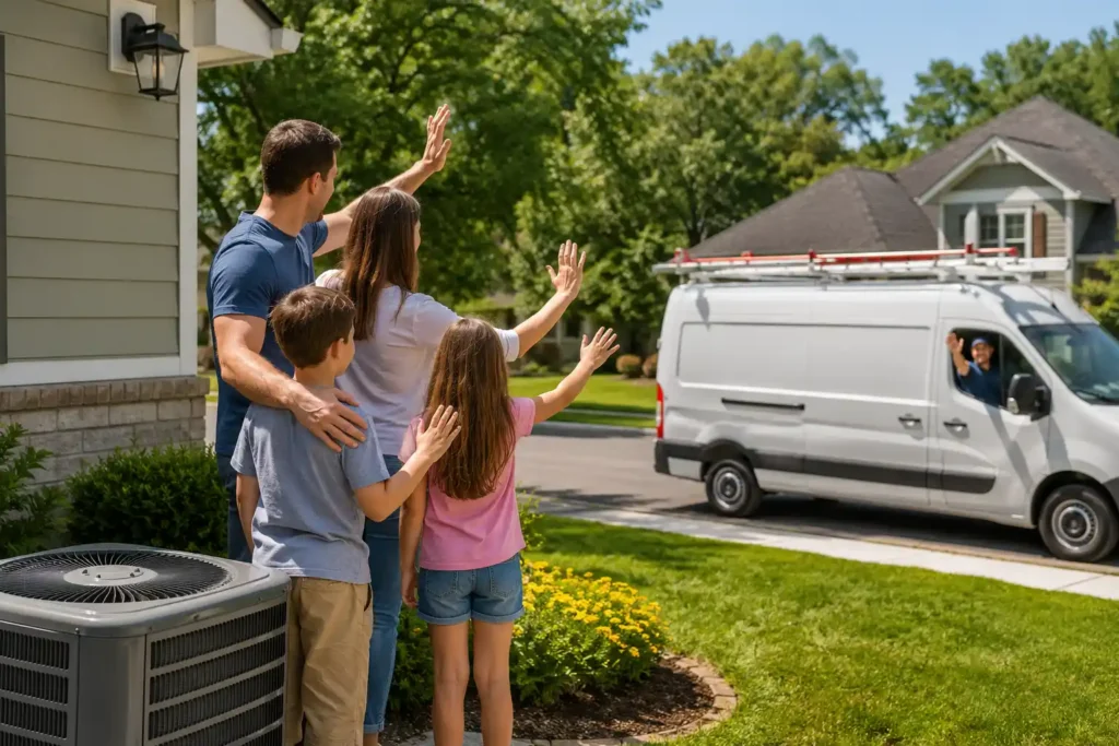 family satisfied with HVAC service as technician leaves after job completion