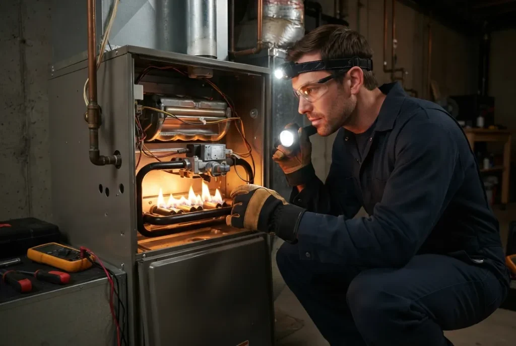 HVAC technician inspecting residential gas furnace in basement for heating repair service