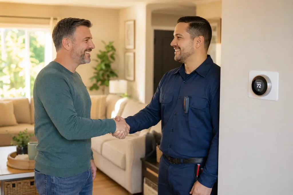 homeowner shaking hands with HVAC technician after a completed service