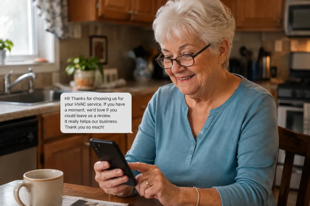 homeowner reading a Google review request text from her HVAC company
