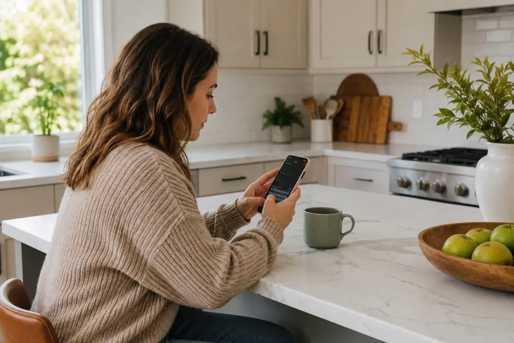 Homeowner in kitchen using smartphone to ask ChatGPT for HVAC company recommendation. ai seo for hvac companies
