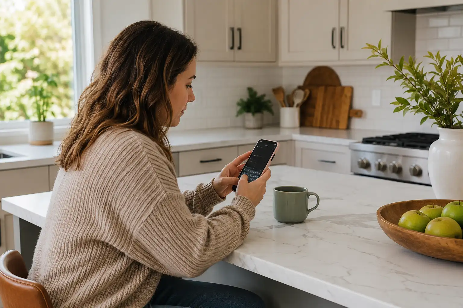 Homeowner asking an AI assistant on her phone to recommend a local service provider near her