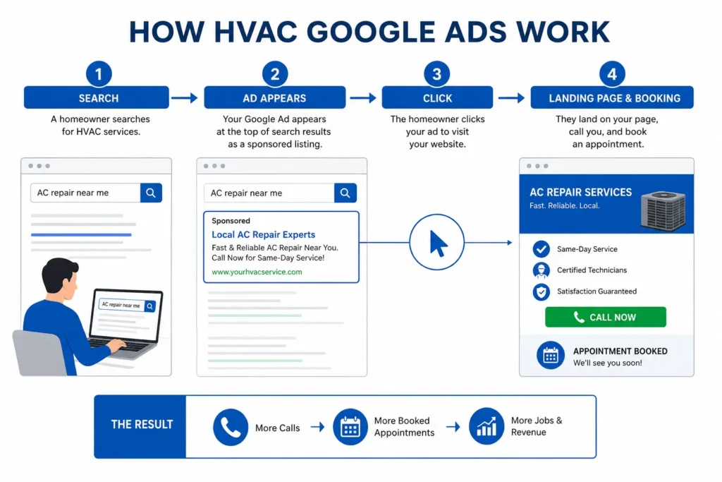Diagram showing how hvac ppc Google Ads campaign works from search query to booked call