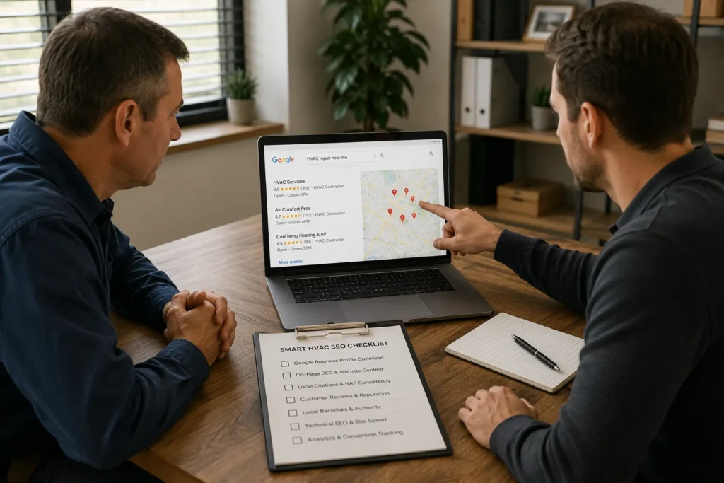 HVAC contractor vetting an SEO agency with a checklist in 2026