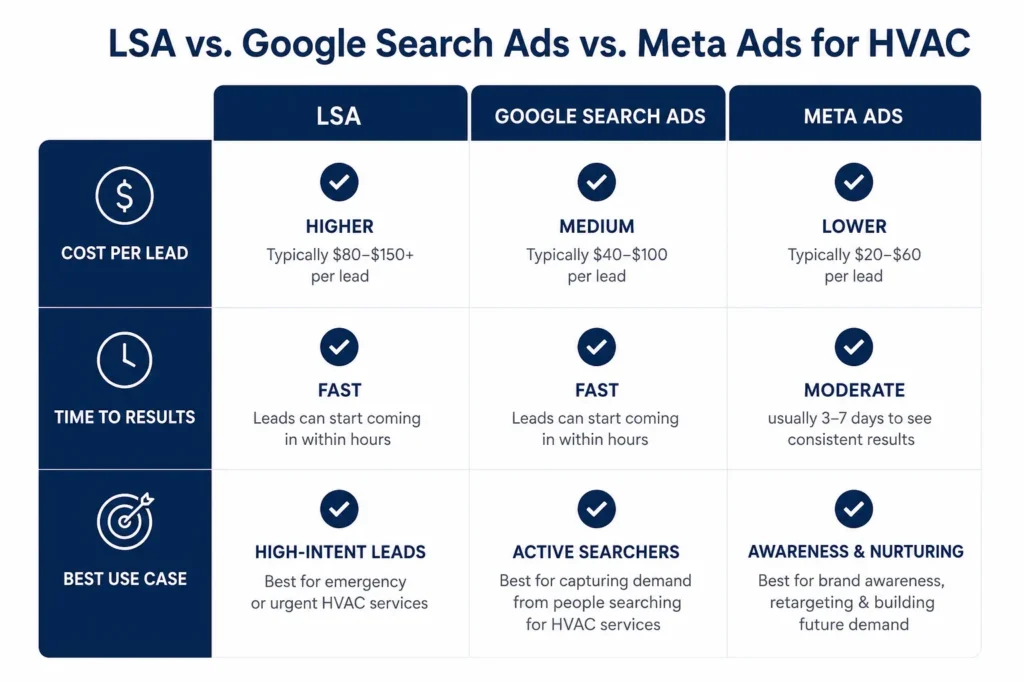 Side-by-side comparison of Google Local Service Ads versus Google PPC for HVAC companies showing cost per lead differences