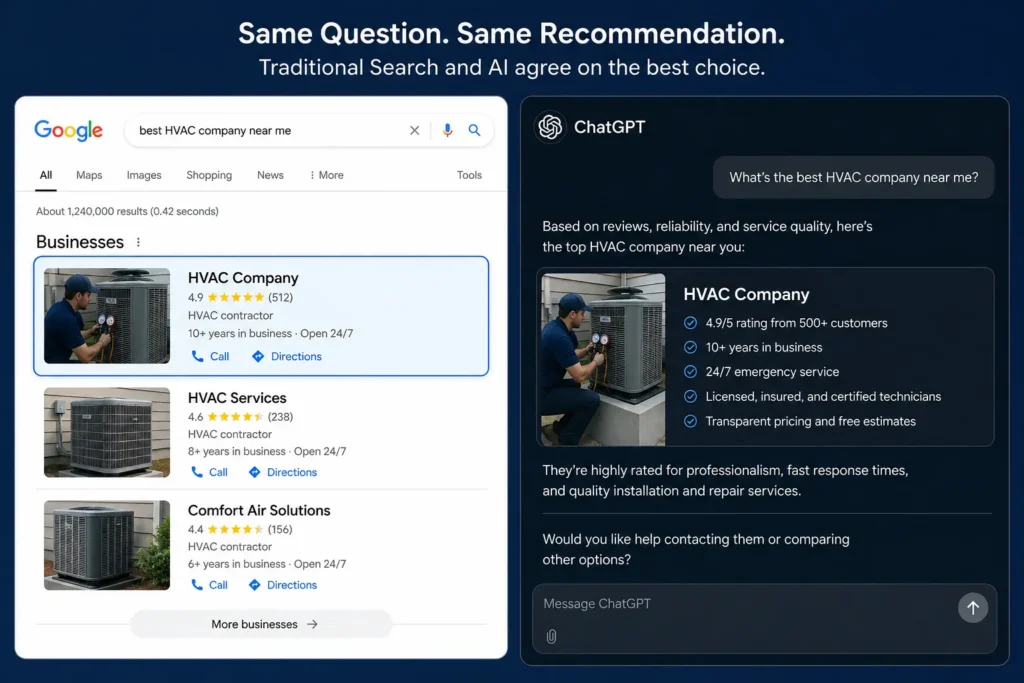 HVAC company appearing in both Google search and AI search engine recommendations through AEO in 2026