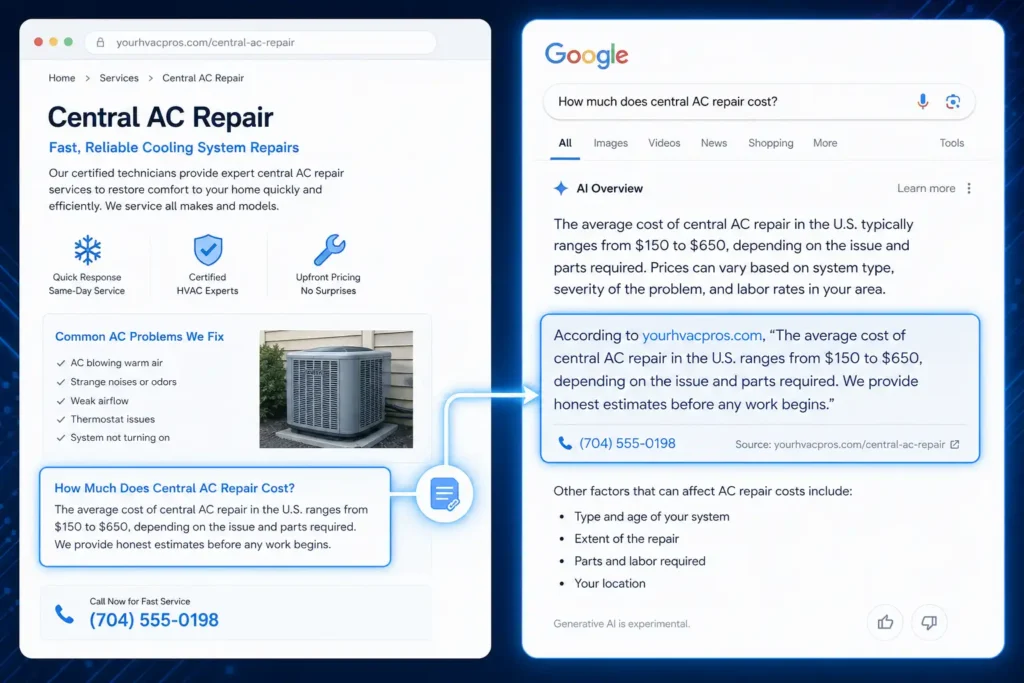 HVAC contractor content appearing in a Google AI Overview for a local service query. local seo tips for hvac contractors