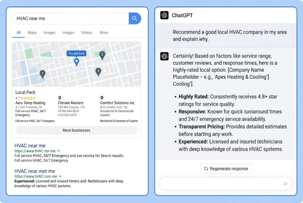 Side-by-side comparison of a traditional Google SERP and a ChatGPT AI response both recommending a local HVAC company