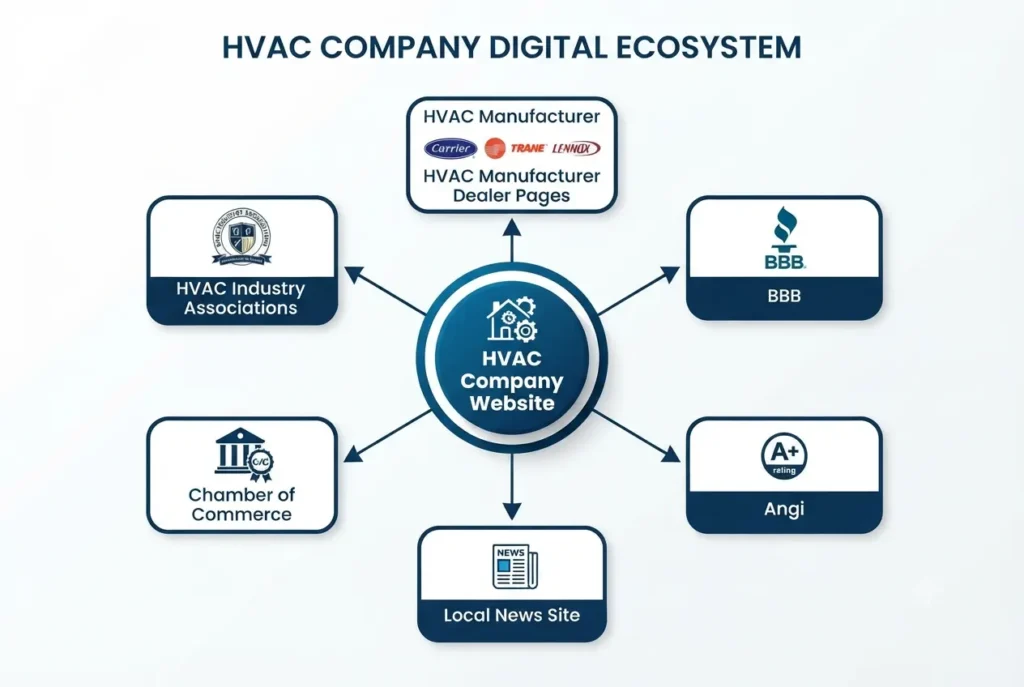 HVAC off-page SEO diagram showing backlink authority sources including manufacturer pages, directories, and local citations