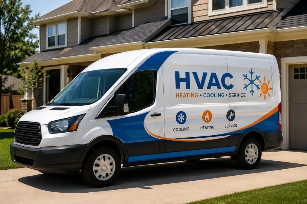 Branded HVAC company service van with professional wrap parked in suburban neighbourhood