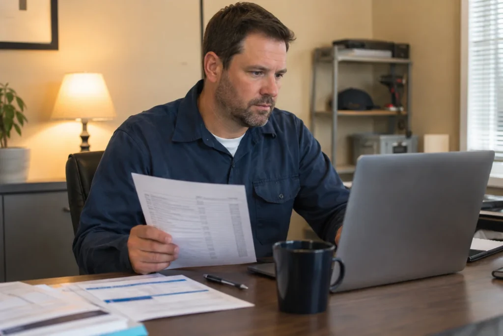 HVAC business owner at desk with printed checklist and laptop reviewing AI visibility audit results