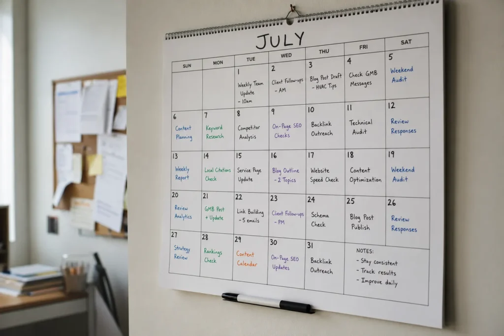 Wall calendar marked with weekly HVAC citation building tasks