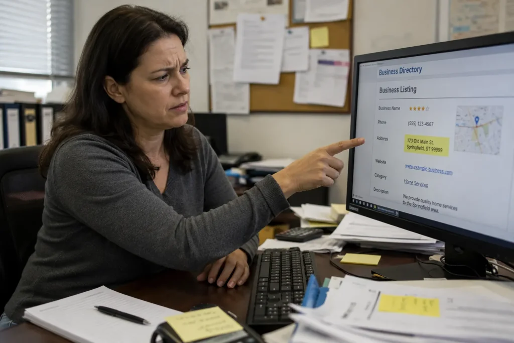 HVAC office manager reviewing outdated business listing on computer screen. hvac local citations
