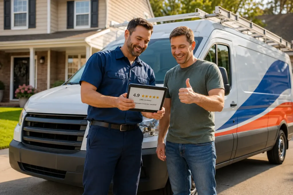 HVAC company owner and satisfied customer celebrating 100+ Google reviews