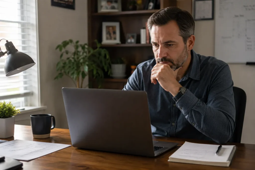 HVAC business owner at desk reviewing Google AI Overview search results on laptop showing competitor recommendations