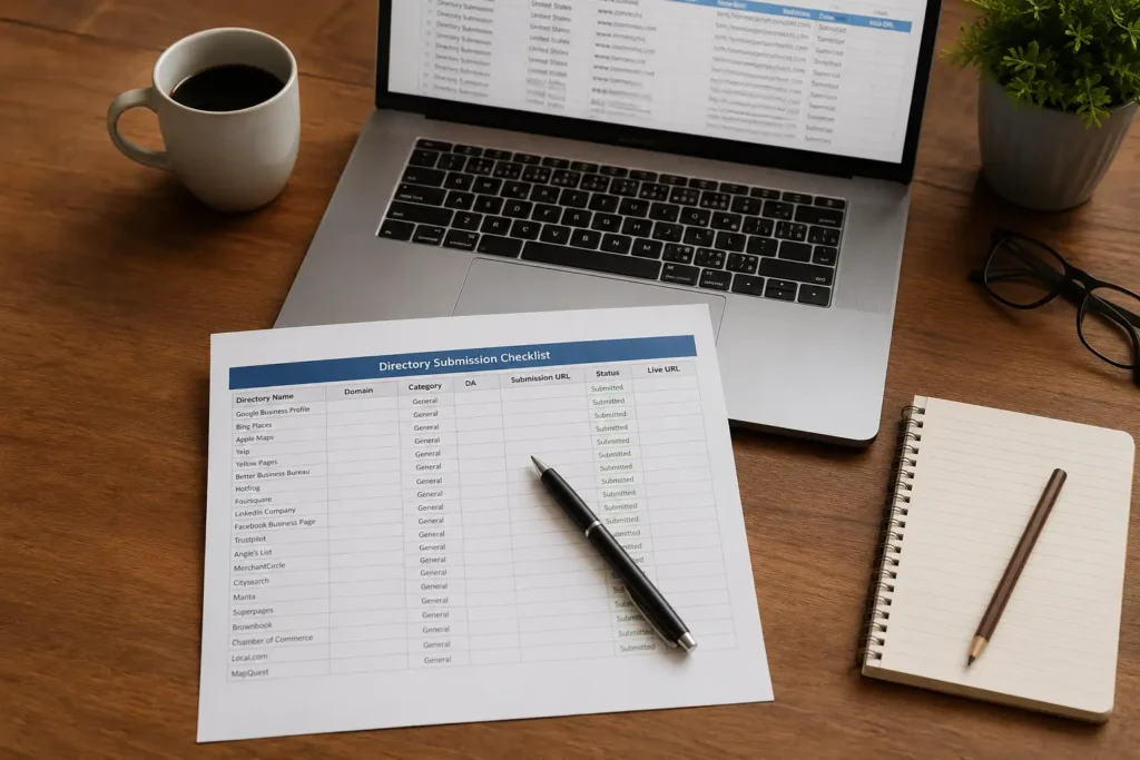 hvac-directories-checklist-desk.webp Alt Text: Printed HVAC directory checklist on a desk with a laptop open