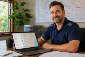 HVAC business owner reviewing a DIY SEO checklist on a laptop with Google Maps showing a top local result