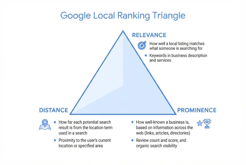 Triangle diagram showing the three Google Local Pack ranking signals for HVAC: relevance, distance, and prominence
