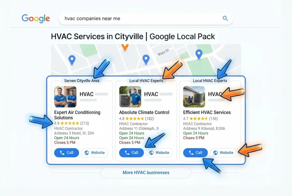Google Maps Local Pack showing three HVAC businesses illustrating why GBP optimization matters for local rankings