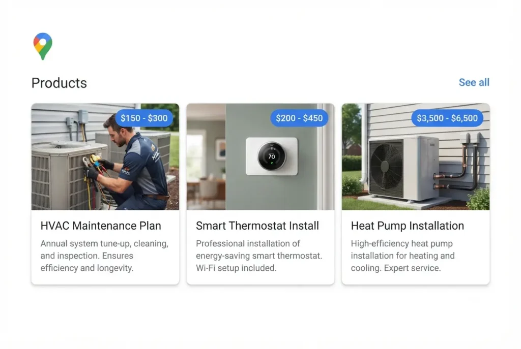 Google Business Profile Products section for HVAC showing maintenance plans and installation services as product listings