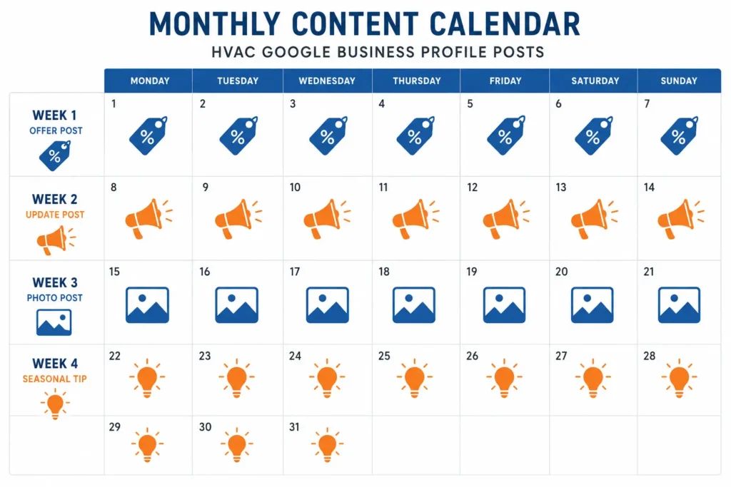 Monthly GBP posting calendar for HVAC contractors showing weekly post types for consistent local profile engagement