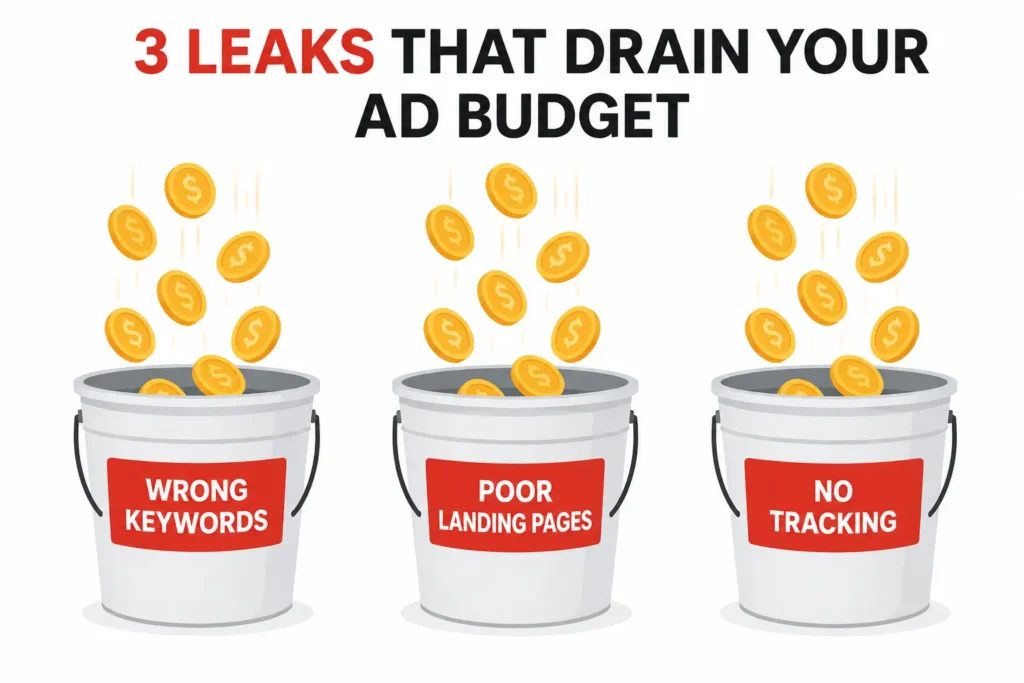 Infographic showing three reasons HVAC Google Ads campaigns waste budget