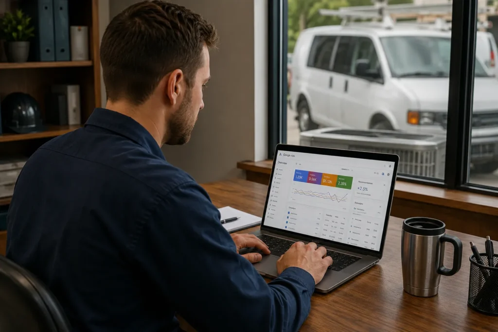 HVAC contractor reviewing Google Ads campaign setup on laptop to generate more service leads