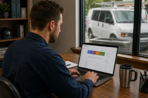 HVAC contractor reviewing Google Ads campaign setup on laptop to generate more service leads